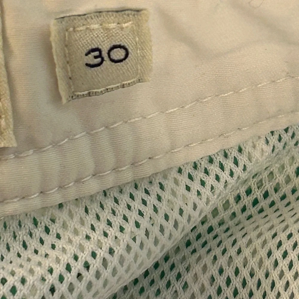 J.Crew Men's Swim Trunks in a green and white geometric print.